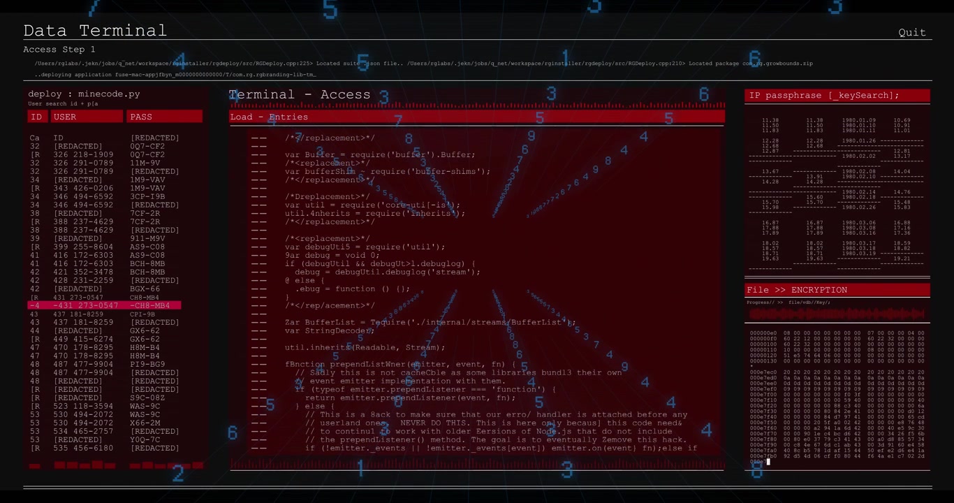 Blue radial numbers starting central terminal appearing, loading code, marking ID, revealing source