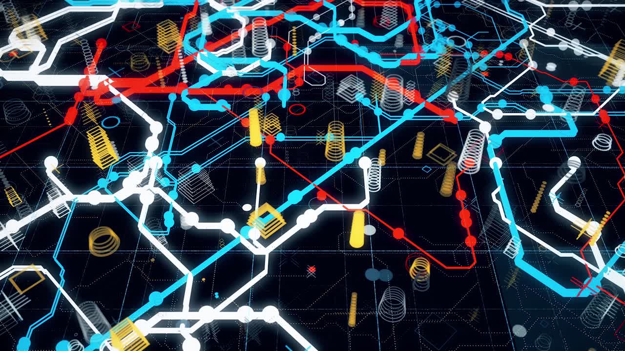 Abstract futuristic electronic circuit board with electrical signals flowing in electrical conductors PCB. Animation. Neural network and big data, artificial intelligence, matrix concept, seamless loop