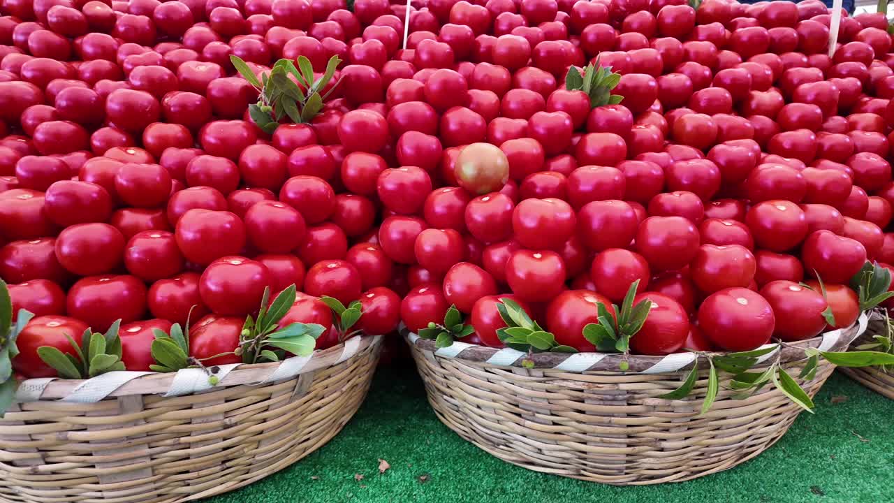 Fresh Red Tomatoes in Wicker Baskets