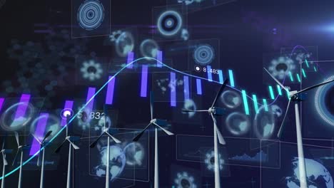 Procesamiento-De-Datos-Financieros-Y-Múltiples-Escáneres-Redondos-Sobre-Molinos-De-Viento-Contra-Fondo-Azul