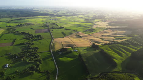 Idyllic-rolling-landscape-of-hills-in-Dunsdale,-South-Island,-New-Zealand-aerial