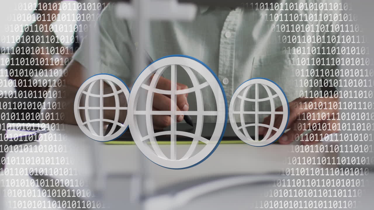 animación de iconos de globo, codificación binaria procesamiento de datos sobre hombre de negocios biracial en la oficina