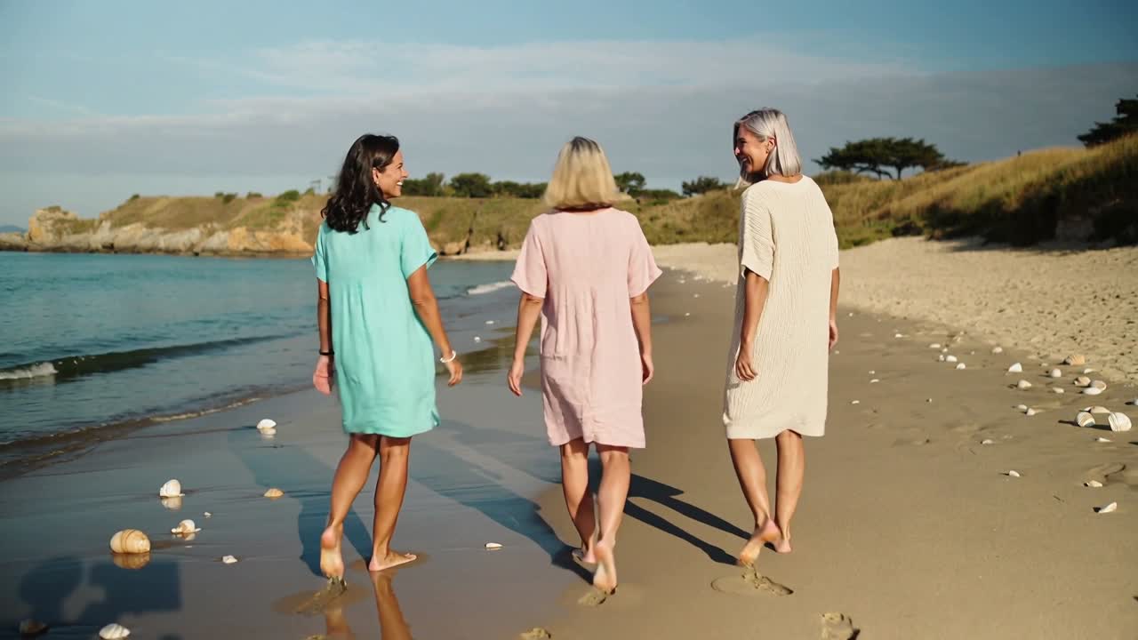 Tracciamento di tre donne che indossano abiti color verde acqua, rosa e crema mentre camminano, chiacchierano e lasciano impronte sulla spiaggia
