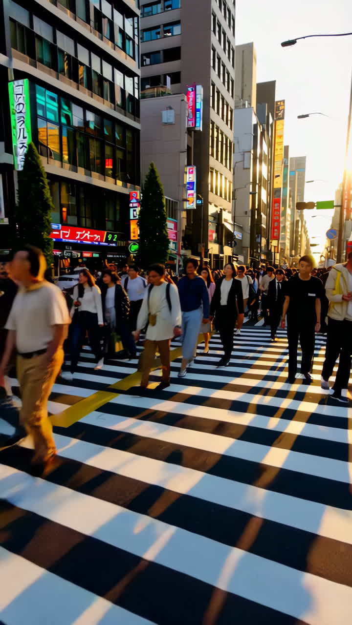 Pedestrians Crossing a Busy City Street at Golden Hour