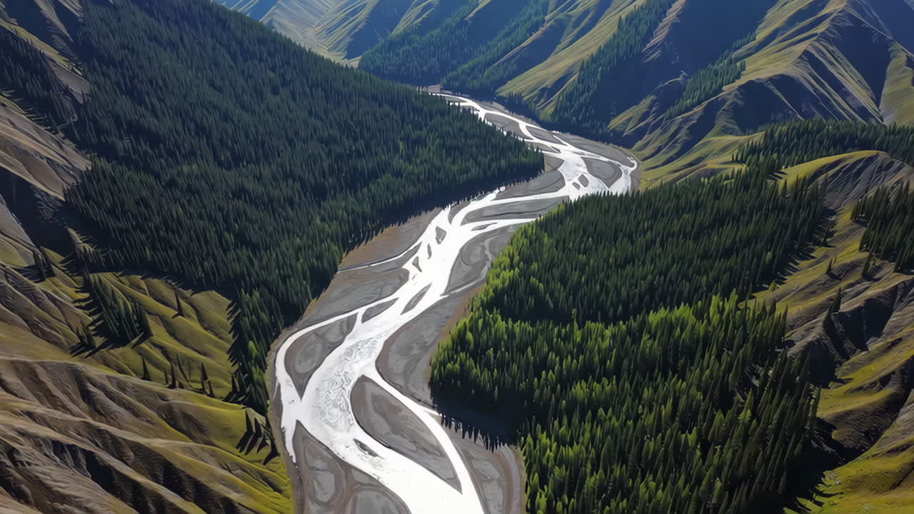 Aerial view of a winding river flowing through a lush green mountain valley