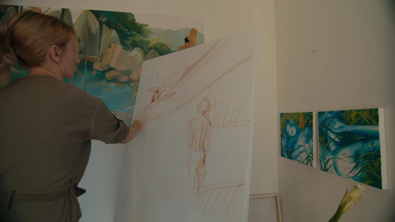 스튜디오에서 그림 그리는 예술가