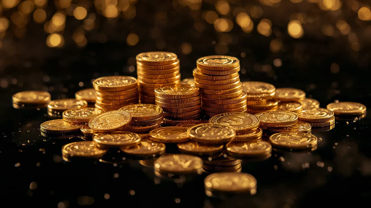 Shifting camera focusing stacked gold coins on glossy black tabletop, showing reflections and bokeh