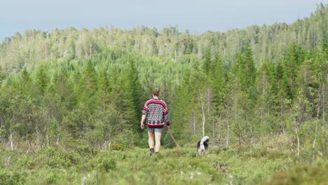 man walking with alaskan malamute in the forest in indre fosen, norway