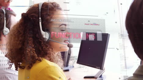 Animation-of-financial-data-processing-over-diverse-business-people-using-phone-headsets