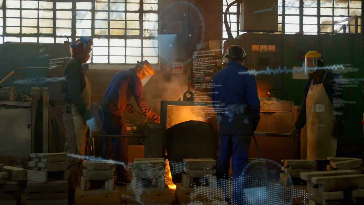 Foundry lead probing furnace with tool team watching overlays appearing managing molten metal