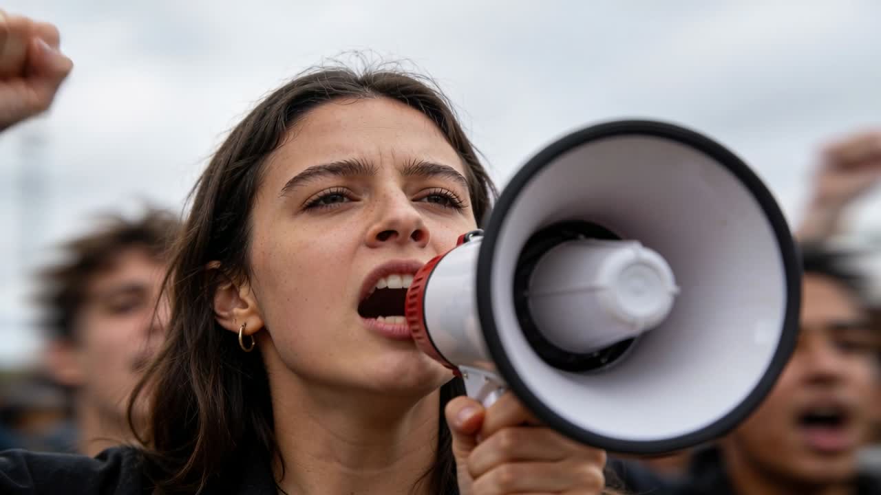 Manifestante che urla con un megafono bianco in mano durante una protesta, indossa una giacca scura, un orecchino a cerchio e guida la folla.