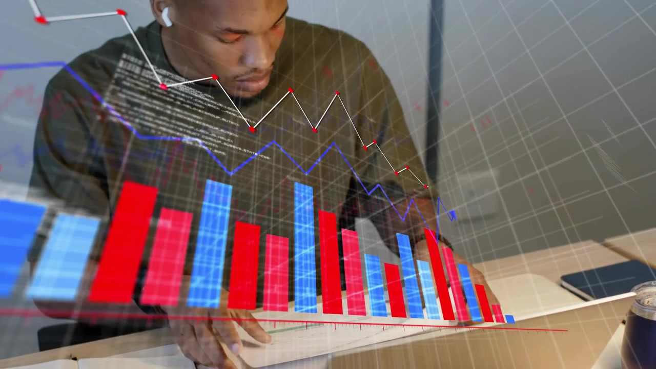 Analyst moving between notes and trackpad, aligning AR bars and blue trendline, reviewing finance