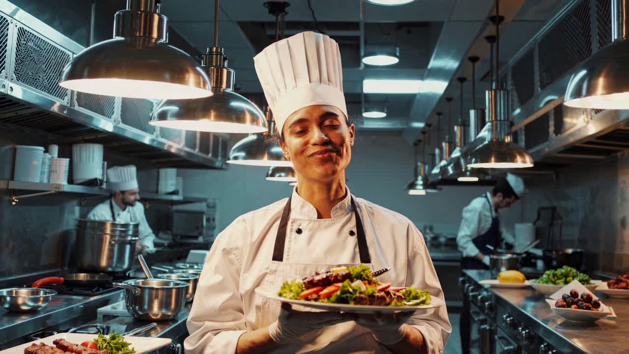 chef presentando una deliciosa ensalada en la cocina de un restaurante