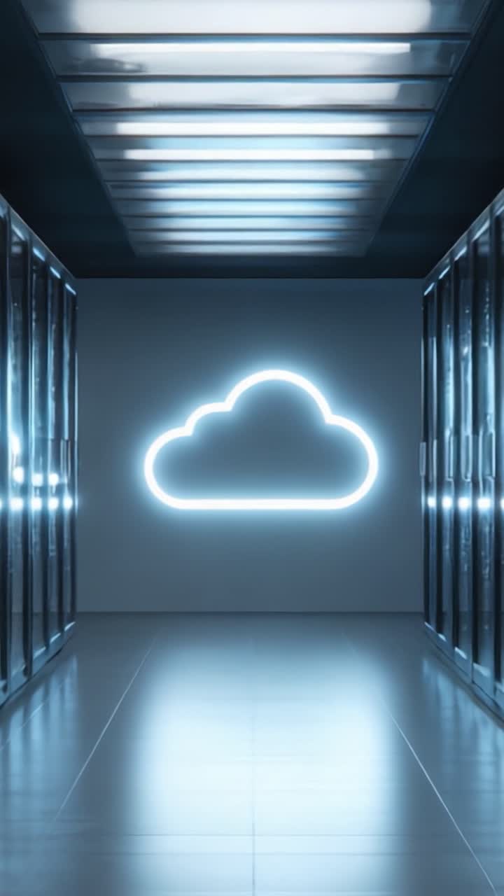 Illuminated Cloud Icon in a High-Tech Data Center: A Glimpse Into Modern Digital Infrastructure and Cloud Computing Technologies