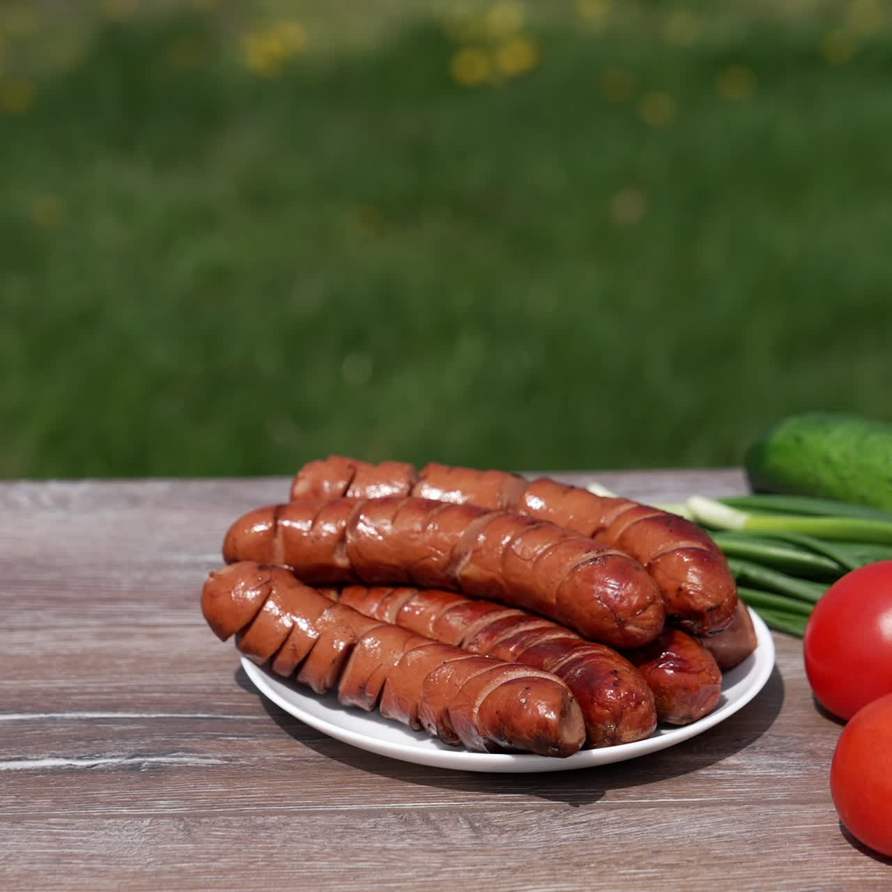 Delicious grilling sausages on plate for picnic. Grilled sausages and fresh vegetables on table outdoors. Man adds some roasted sausage on a plate