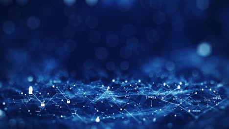 seguridad cibernética tecnología de fondo concepto conexión a la red de internet protección de datos. polígonos de código binario e interconectados pequeños candados enfoque central, borrón exterior con fondo azul oscuro.