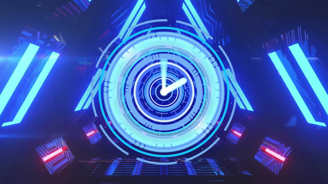 animación de escaneo de alcance con reloj sobre pantallas en movimiento fondo negro