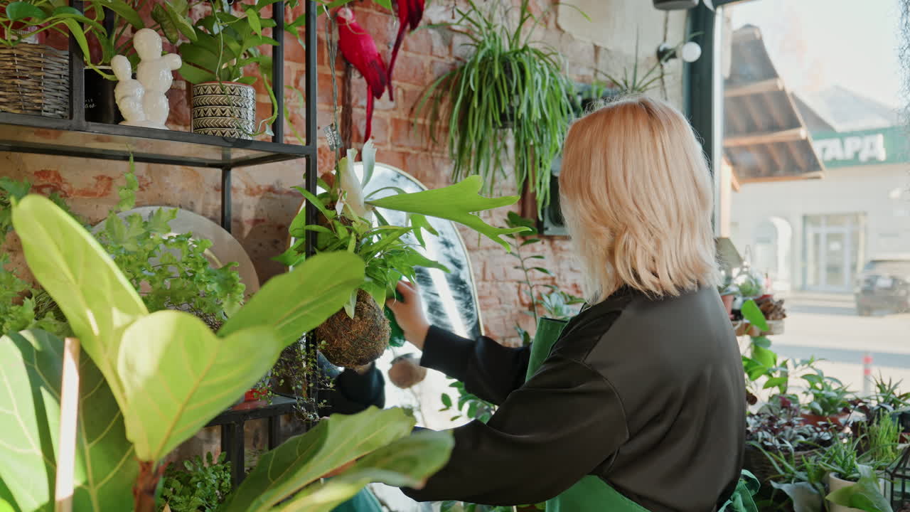 Florista branca arrumando plantas perto da janela em um interior de loja iluminado pelo sol, com espelho e parede de tijolos, mãos de avental envasando e estilizando plantas de casa folhosas para exposição na boutique e atendimento ao cliente