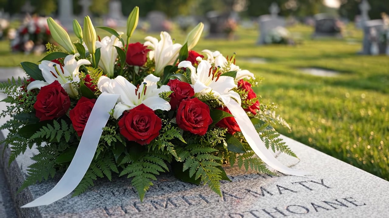 Un omaggio floreale splendidamente arrangiato che adorna una lapide, composto da rose rosse fresche e gigli bianchi, a simboleggiare amore e ricordo in un tranquillo ambiente cimiteriale.