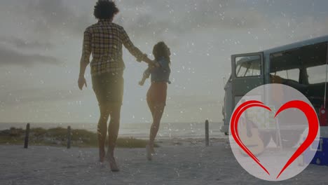 Animation-of-heart-icon-over-diverse-couple-in-love-running-on-beach