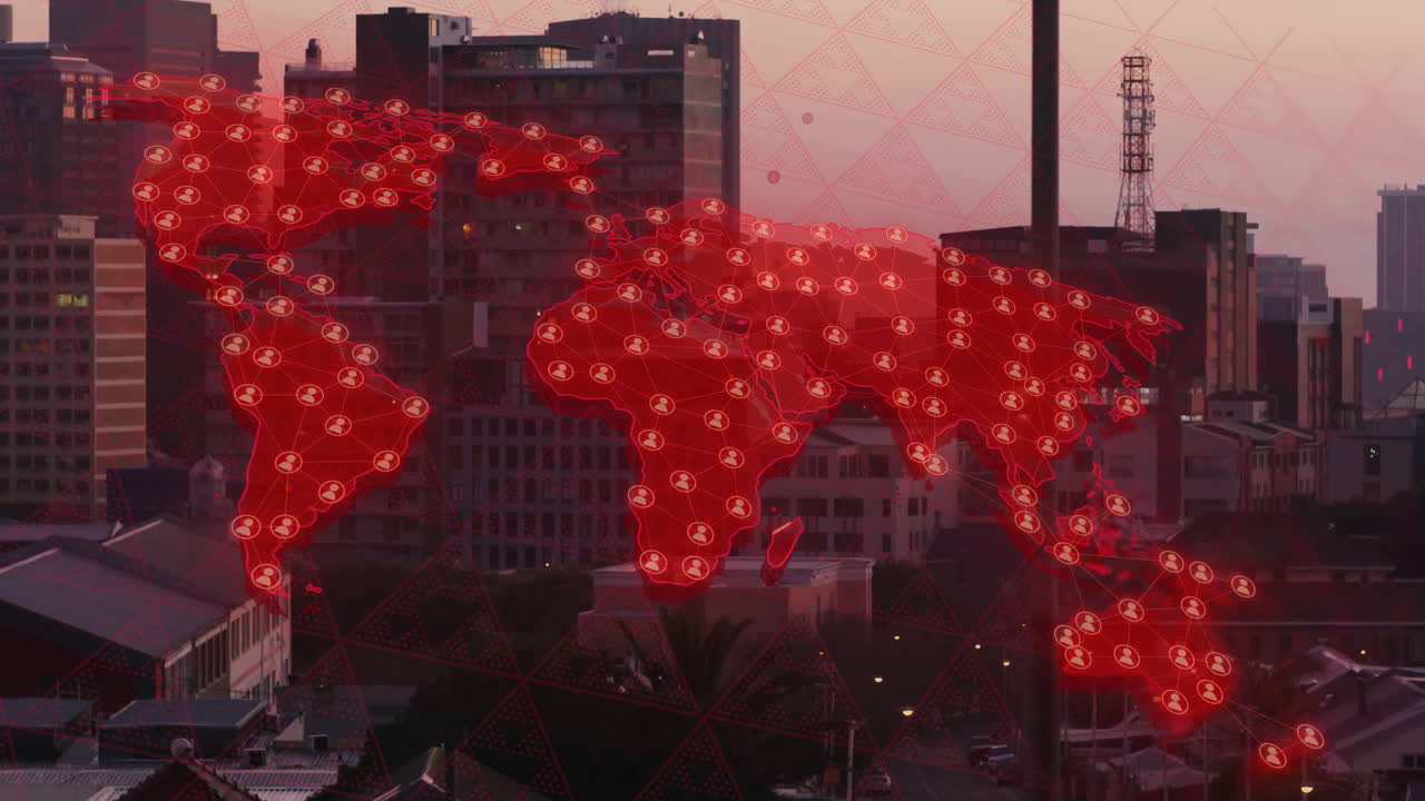 animación del mapa del mundo y procesamiento de datos digitales sobre el paisaje urbano.
