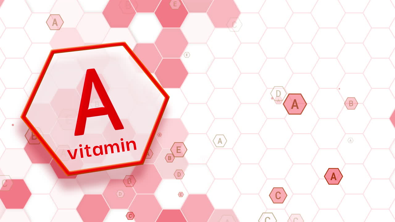 Vitamin A hexagonal red icon on a white background. Copy space. Looped animated medical frame.