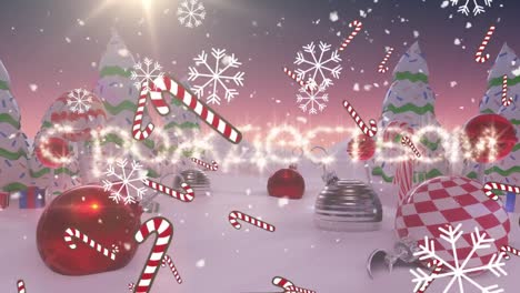 Candy-cane-icons-and-snowflakes-falling-against-schastlivogo-rozhdestva-text-over-winter-landscape