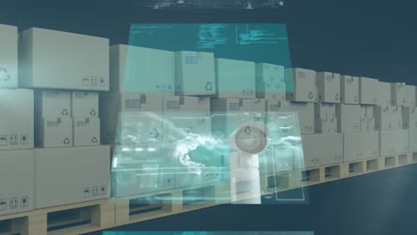 animation of data processing over cardboard boxes on conveyor belt in warehouse