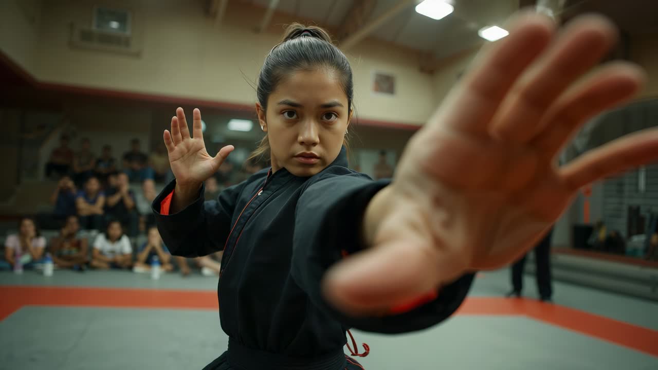 Focusing camera teen karate student performing kata on red-gray mat in black-gi for judge and crowd