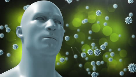 animation of multiple covid 19 cells floating around human head on green background