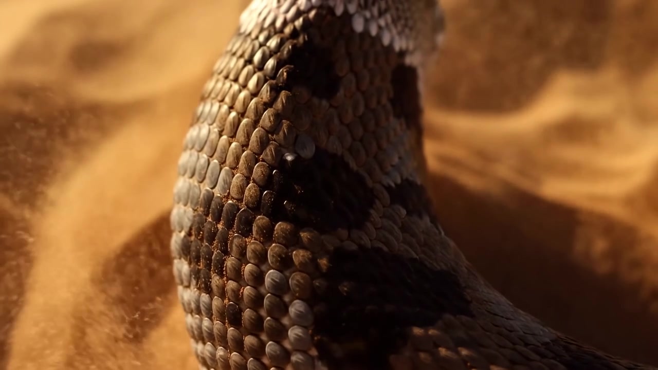 Vista macro di un serpente arrotolato marrone e beige che riposa su sabbia calda, mostrando squame sovrapposte con macchie scure e granelli di sabbia fine. Illuminazione direzionale dall'alto a sinistra