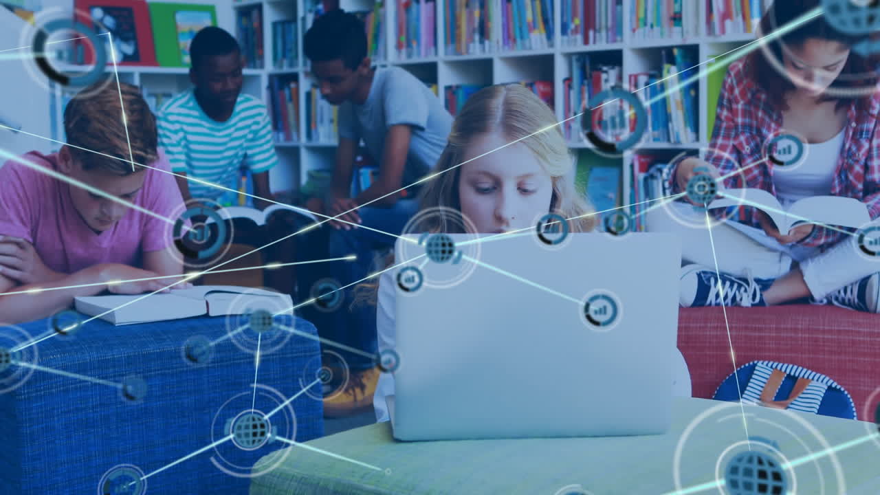 Children studying in library with digital network connections overlay animation