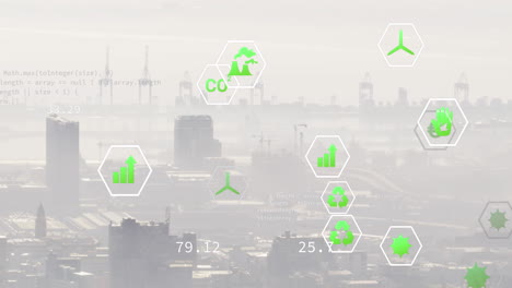 multiple green energy icons floating against aerial view of cityscape