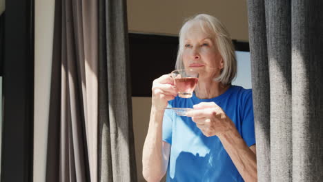 senior woman enjoying tea by window, embracing peaceful morning solitude, at home