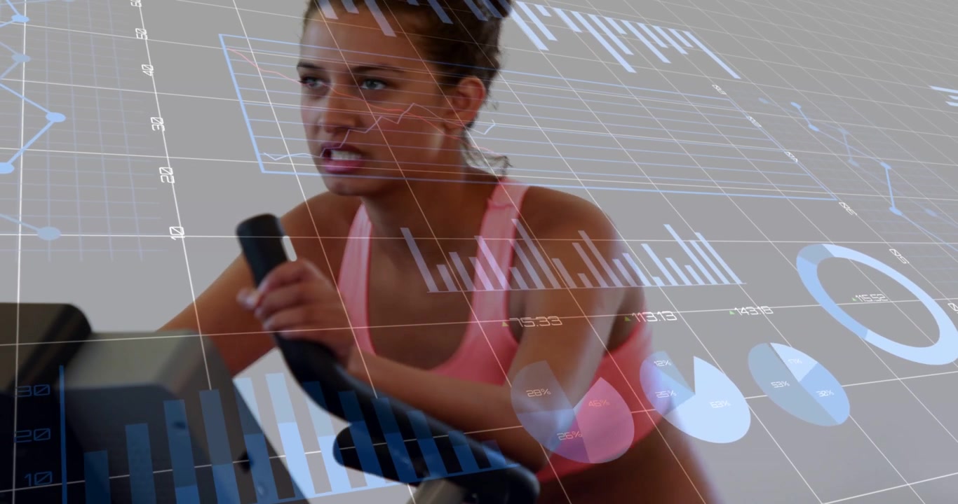 Vertical video: Timer starting, woman pedaling on bike, adjusting grip, overlays tracking metrics