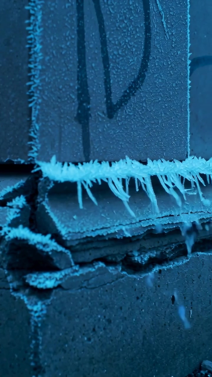 Video verticale: Telecamera che si sposta rivelando una cucitura e un pannello ricoperti di brina su una parete fredda.