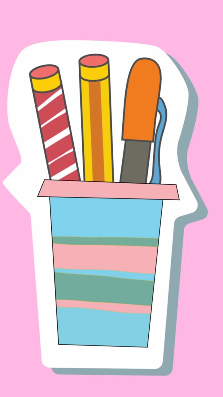 Animation of school pens in container on pink background