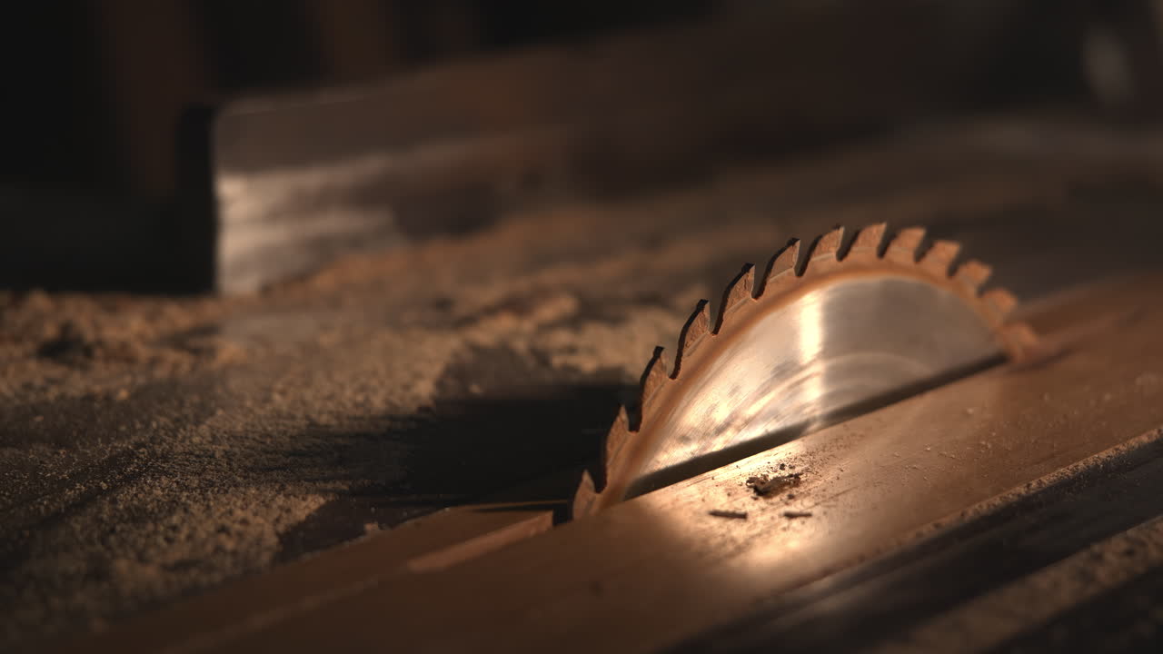 Close-up of a table saw with sawdust