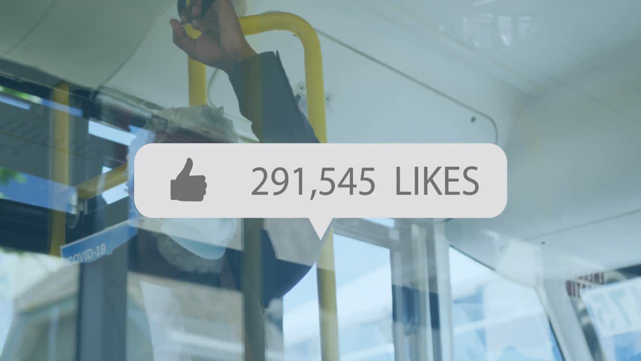 버스에서 얼굴 마스크를 쓴 아프리카계 미국인 남성 위에 미디어 아이콘의 애니메이션