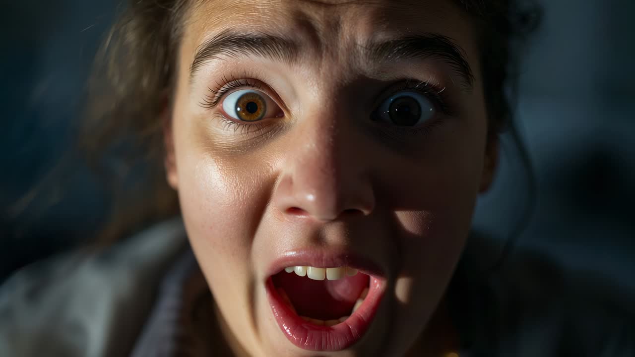 Close-up de uma mulher adulta ofegante abrindo um largo sorriso em um quarto escuro, mostrando um colar listrado