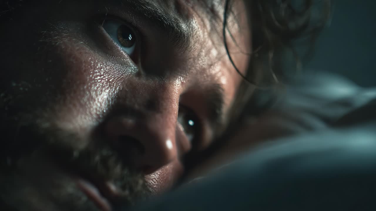 Intense Emotion Captured: A Dramatic Close-Up of a Man's Expression Unfolding in a Moment of Reflection, Vulnerability, and Depth as He Lies in Contemplation