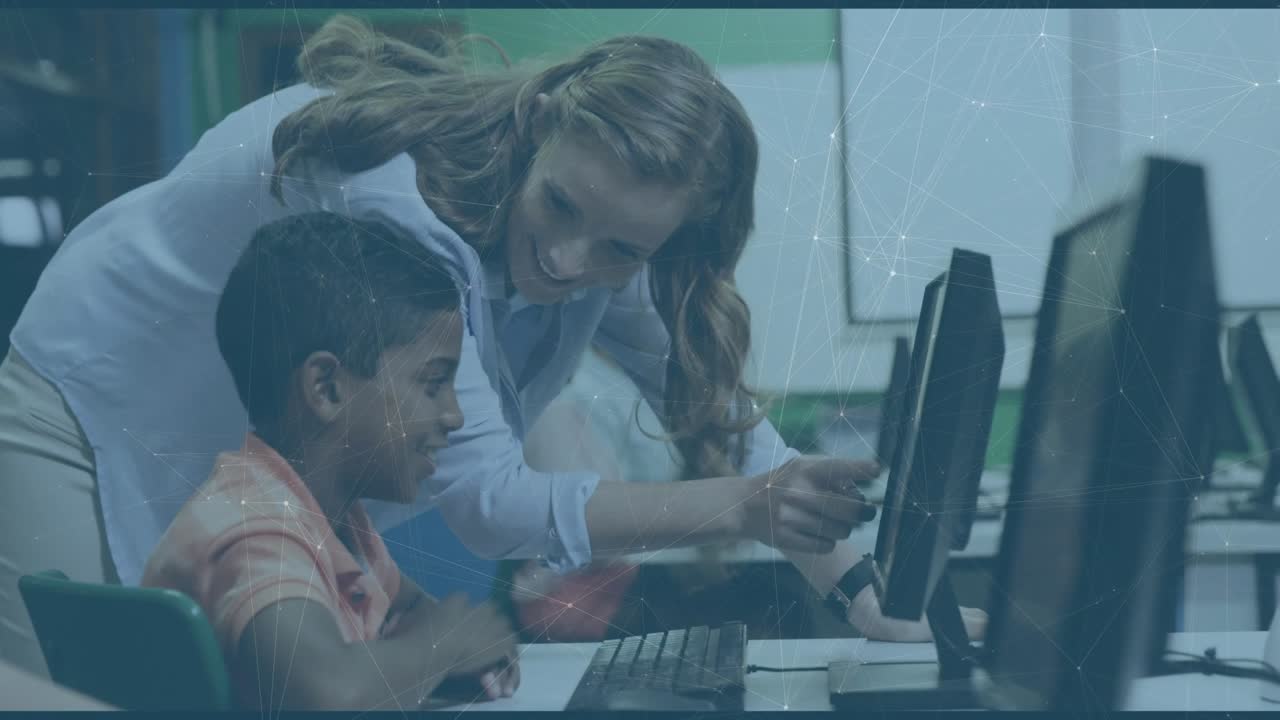 Animation of network of connections over diverse schoolchildren with teacher using computer