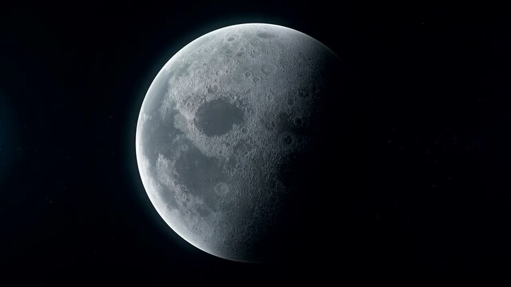 Lua realista, satélite do planeta Terra girando no espaço profundo. Fundo digital em loop contínuo. Animação 3D.