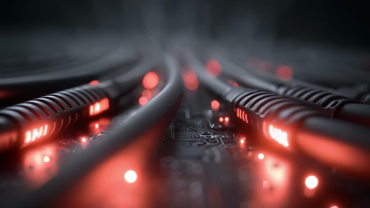 A Captivating Glimpse into the World of Technology: The Intertwined Networks of Illuminated Cables on a Circuit Board