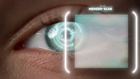 Closeup technological eye memory analysis process with biometrical retina scan
