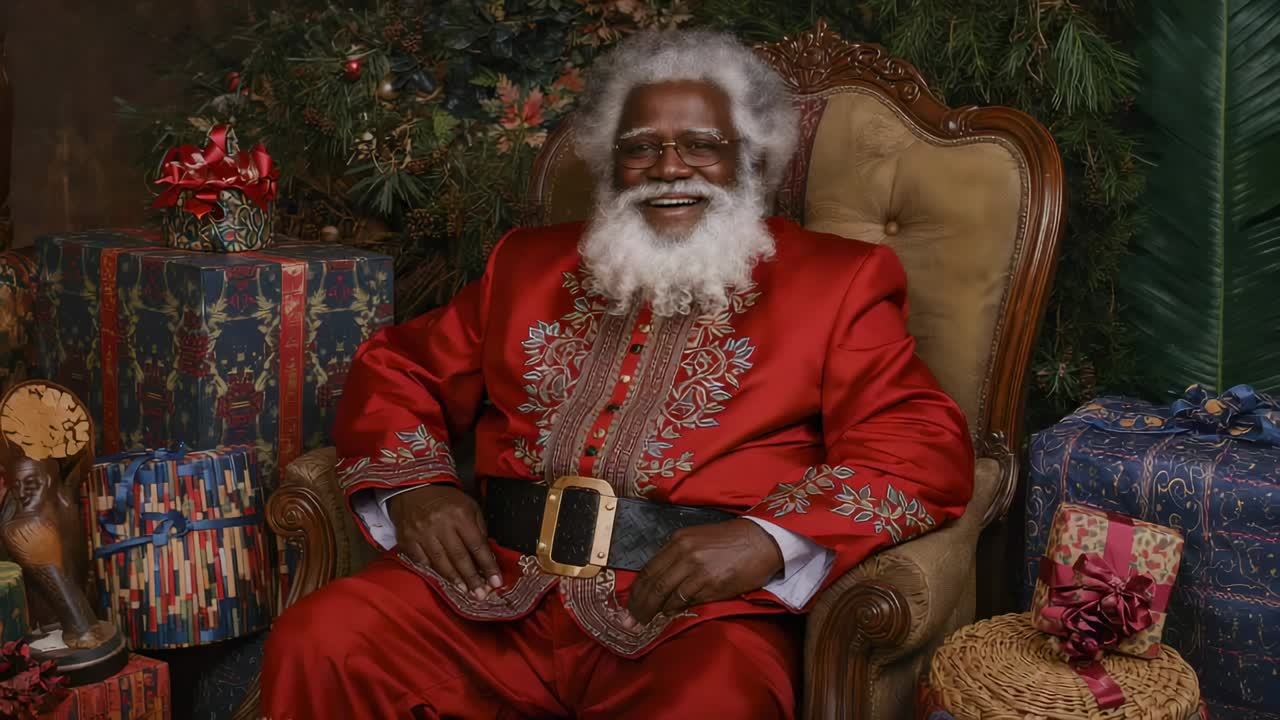 Camera starting senior Santa in red suit adjusting and smiling in armchair with gifts