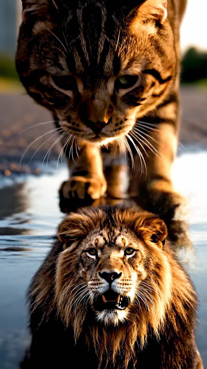 Gatto che cammina con riflesso di leone in una pozzanghera