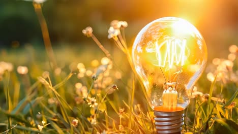 a light bulb sitting in the grass with the sun setting behind it