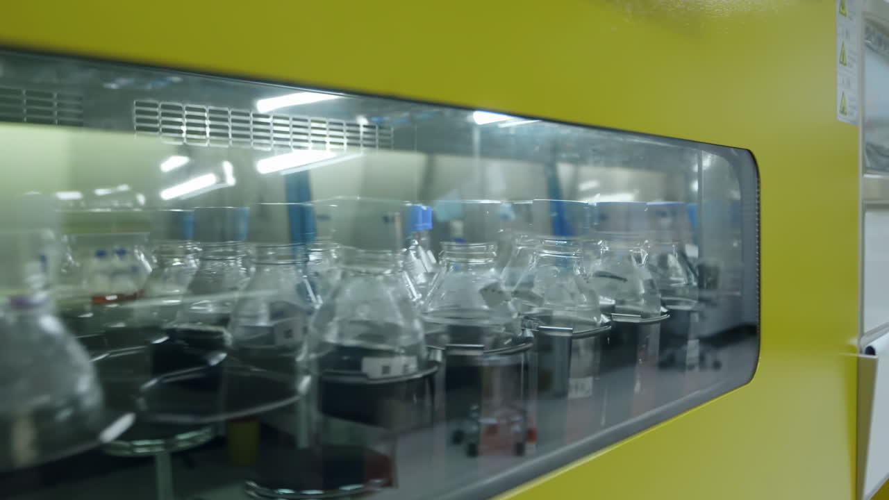 High-tech Automation machine laboratory beaker in test, chemical reaction. Lab worker checks chemical plant products. Skilled lab worker shakes glass bottle with tested transparent liquid inside