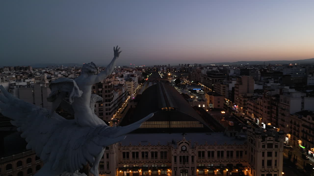 Sunset Statue Drone Shot In Valencia, Spain Free Stock Video Footage